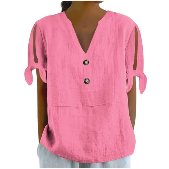Youyipin Womens Summer Tops V Neck Tie Button Down Side Sleeve Fork Loose Fit Casual Short Sleeve Shirts For Women