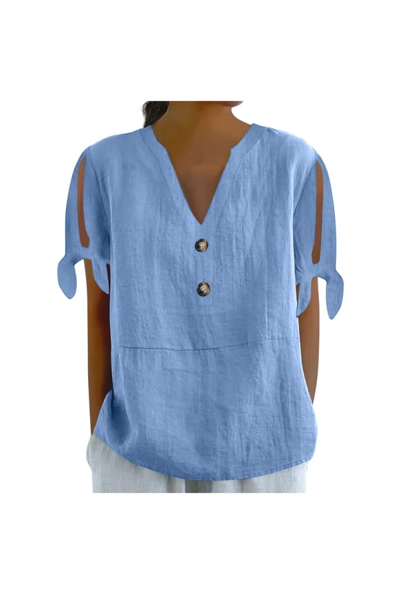 Womens Summer Tops V Neck Tie Button Down Side Sleeve Fork Loose Fit Casual Short Sleeve Shirts For Women