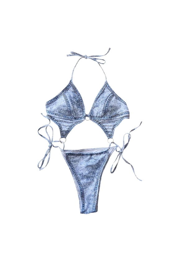 Womens Swimsuits 2 Piece Swimsuit Denim Print Halter String Triangle Tie Side Bikini Set Bathing Suit For Women