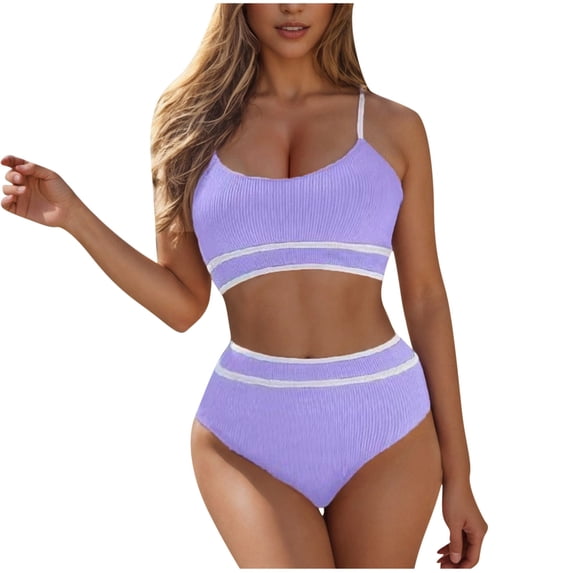 Youyipin Womens Swimsuits 2 Piece Women'S High Waisted Bikini Ribbed Swimsuit High Cut Color Block Adjustable Straps Bathing Suit Beach Vacation Clothes For Women