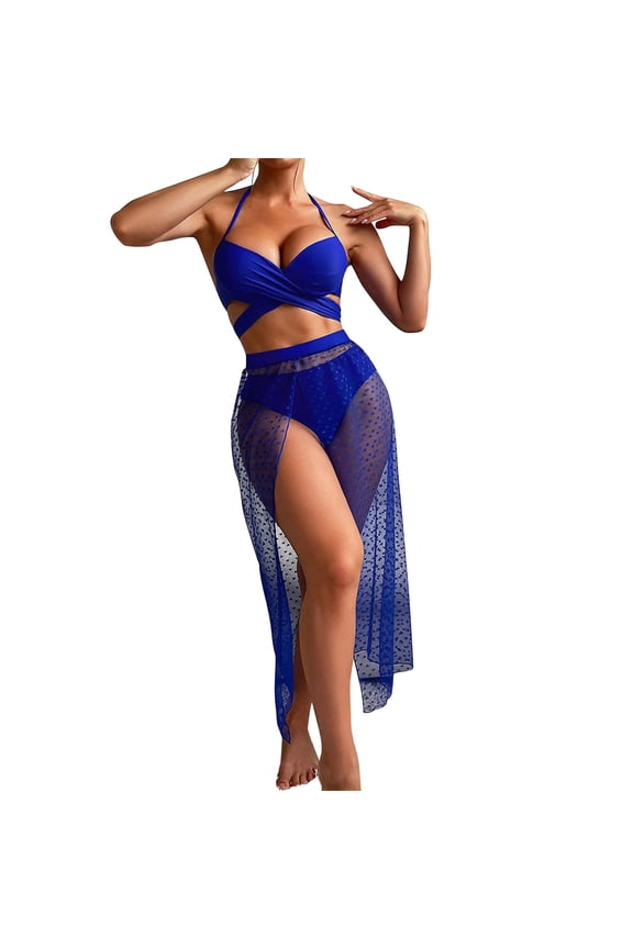 Womens Swimsuits Halter Neck Cut Out Swimwear With Mesh Maxi Skirt 3 Piece Swimsuits For Women