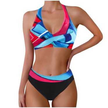 Youyipin Womens Swimsuits High Waisted Bikini Sets Tummy Control Swimsuits 2025 Two Piece Bathing Suits Color Block Halter Swim Suits Beach Vacation Clothes For Women