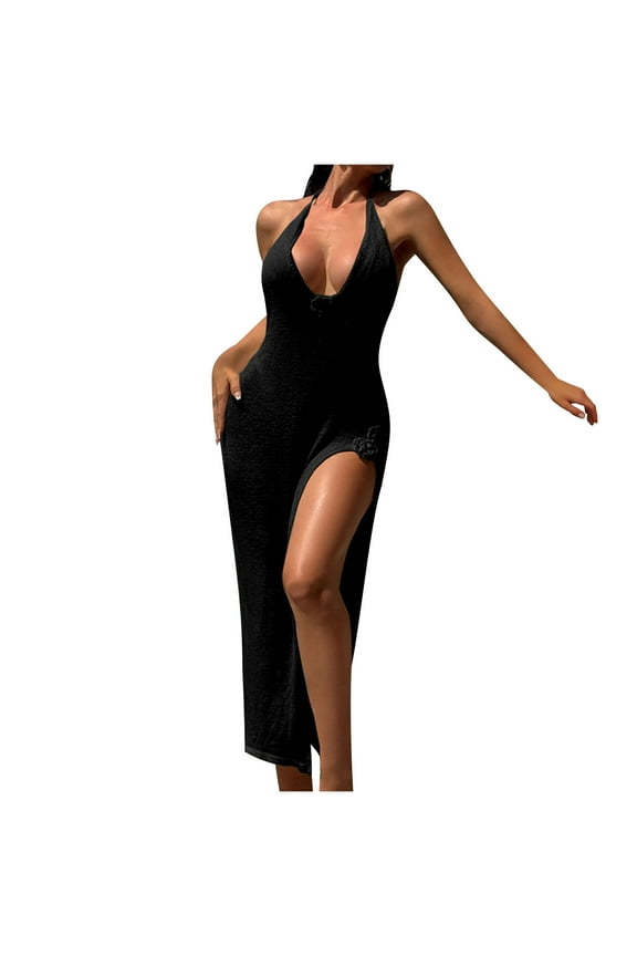 Womens Swimsuits Sexy Backless Embroidery Knit Dress V-Neck Open Leg Sleeveless Halter Floor-Length Satin Gown Swim Dress