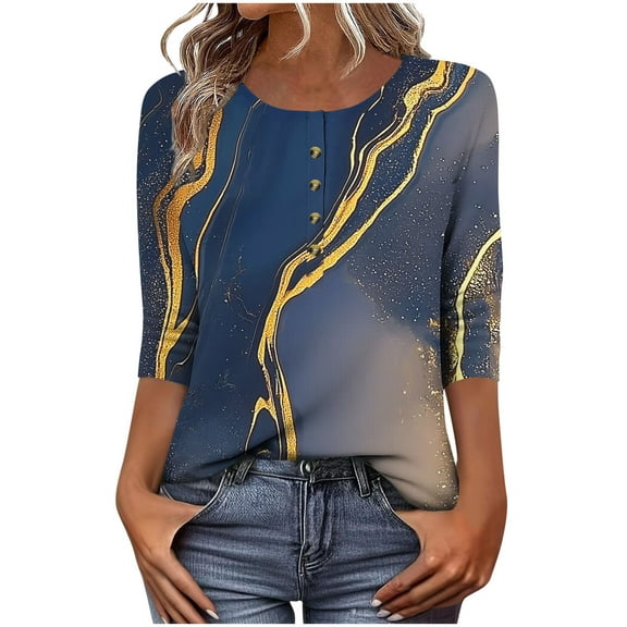 Youyipin Womens T Shirts 3/4 Length Sleeve Womens Tops Summer Three Quarter Striped Shirts Dressy Casual Printed Tunic Tops Women Blouses Spring Outfits For Women 2025