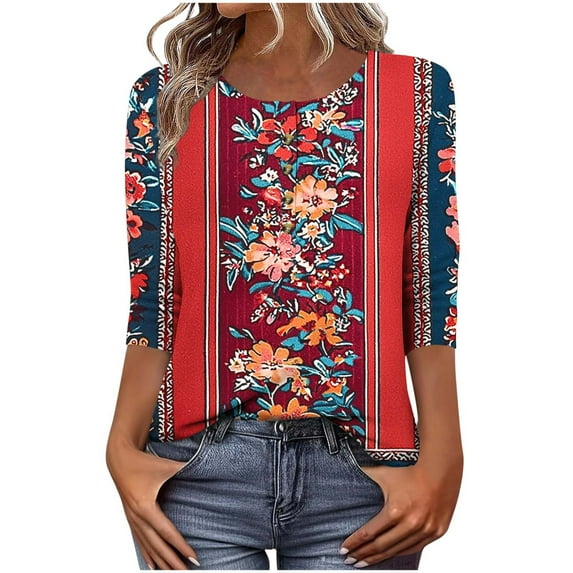 Youyipin Womens T Shirts 3/4 Length Sleeve Womens Tops Summer Three Quarter Striped Shirts Dressy Casual Printed Tunic Tops Women Blouses Spring Outfits For Women 2025