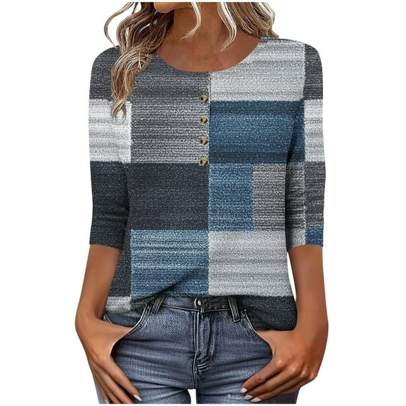 Youyipin Womens T Shirts 3/4 Length Sleeve Womens Tops Summer Three Quarter Striped Shirts Dressy Casual Printed Tunic Tops Women Blouses Spring Outfits For Women 2025