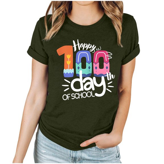 Youyipin Womens T Shirts Spring Fashion100 Days Of School Shirt Women Happy 100Th Day School T-Shirt Funny Teacher Student Tee Tops Short Sleeve Tee