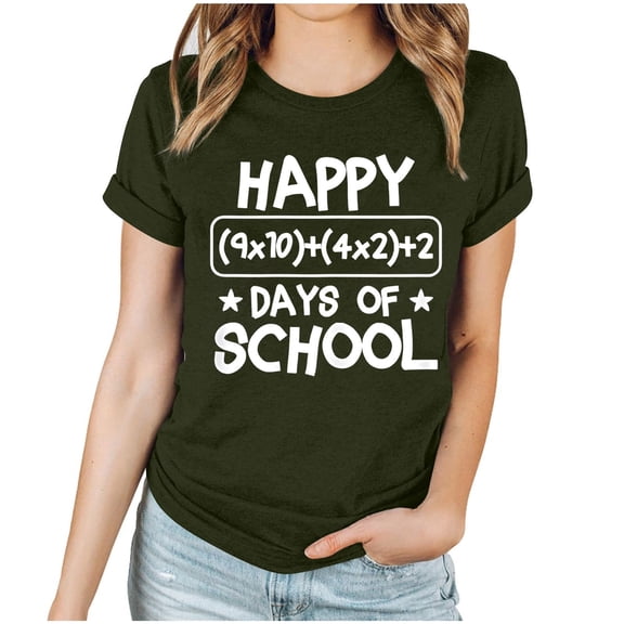 Youyipin Womens T Shirts Spring Fashion100 Days Of School Shirt Women Happy 100Th Day School T-Shirt Funny Teacher Student Tee Tops Short Sleeve Tee