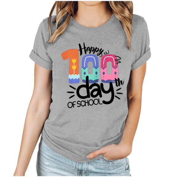 Youyipin Womens T Shirts Spring Fashion100 Days Of School Shirt Women Happy 100Th Day School T-Shirt Funny Teacher Student Tee Tops Short Sleeve Tee