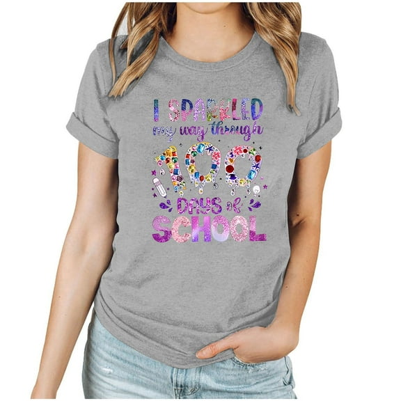 Youyipin Womens T Shirts Spring Fashion100 Days Of School Shirt Women Happy 100Th Day School T-Shirt Funny Teacher Student Tee Tops Short Sleeve Tee
