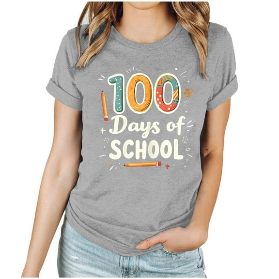 Youyipin Womens T Shirts Spring Fashion100 Days Of School Shirt Women Happy 100Th Day School T-Shirt Funny Teacher Student Tee Tops Short Sleeve Tee