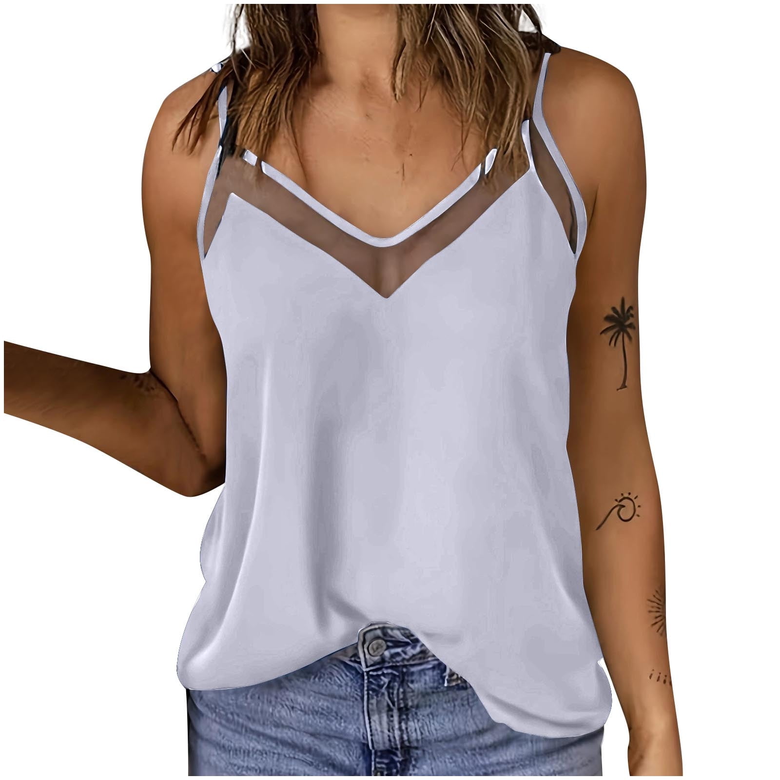 Youyipin Womens Tank Tops Silk Mesh V Neck Satin Camisole Silky