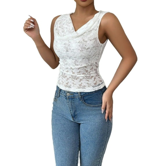 Youyipin Womens Tank Tops Women's Floral Lace Draped Cowl Neck Sleeveless Crop Summer Tank Top For Women