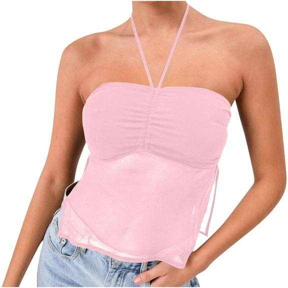 Youyipin Womens Tank Tops Women's Ruched Spaghetti Strap Backless Layered Ruffle Hem Peplum Halter Going Tops For Women