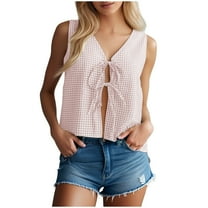 Youyipin Womens Tank Tops Women's Summer Two Piece Sets Vacation Outfits Matching Short Sets Tie Front Linen Gingham Vest And Shorts Going Out Tops