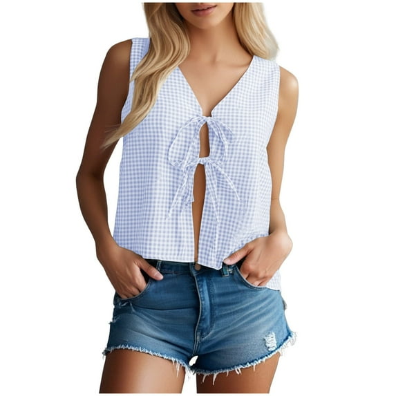 Youyipin Womens Tank Tops Women's Summer Two Piece Sets Vacation Outfits Matching Short Sets Tie Front Linen Gingham Vest And Shorts Going Out Tops