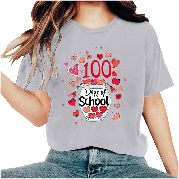 Youyipin Womens Tops 100 Days Of School Shirt For Women Teacher Graphic T-Shirt Happy 100Th Day Of School Gift Round Neck Short Sleeve Tee Tops Spring Tops For Women