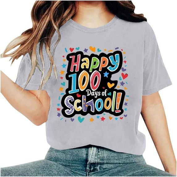 Youyipin Womens Tops 100 Days Of School Shirt For Women Teacher Graphic T-Shirt Happy 100Th Day Of School Gift Round Neck Short Sleeve Tee Tops Spring Tops For Women