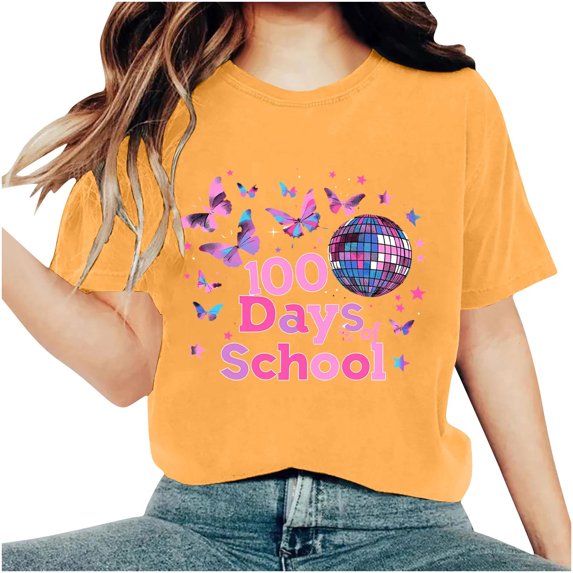 Youyipin Womens Tops 100 Days Of School Shirt For Women Teacher Graphic T-Shirt Happy 100Th Day Of School Gift Round Neck Short Sleeve Tee Tops Spring Tops For Women