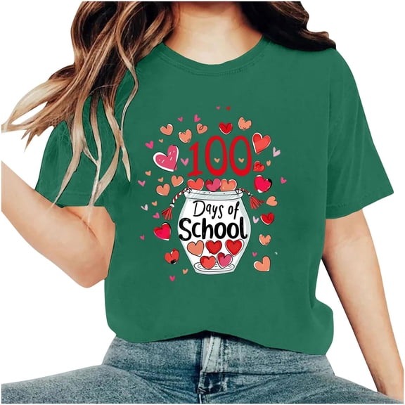 Youyipin Womens Tops 100 Days Of School Shirt For Women Teacher Graphic T-Shirt Happy 100Th Day Of School Gift Round Neck Short Sleeve Tee Tops Spring Tops For Women