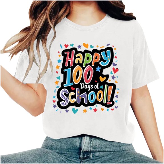 Youyipin Womens Tops 100 Days Of School Shirt For Women Teacher Graphic T-Shirt Happy 100Th Day Of School Gift Round Neck Short Sleeve Tee Tops Spring Tops For Women