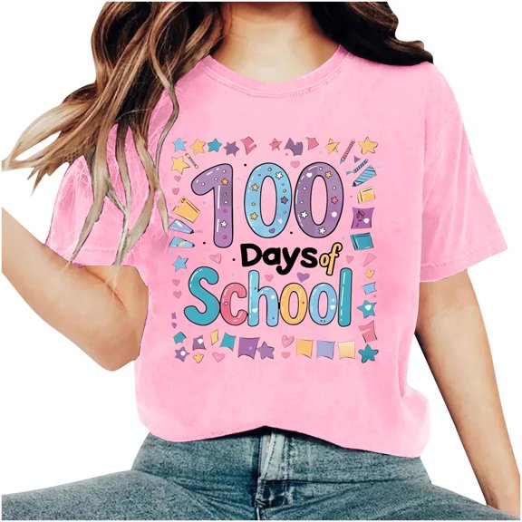 Youyipin Womens Tops 100 Days Of School Shirt For Women Teacher Graphic T-Shirt Happy 100Th Day Of School Gift Round Neck Short Sleeve Tee Tops Spring Tops For Women