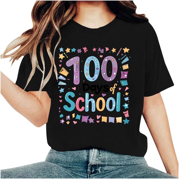 Youyipin Womens Tops 100 Days Of School Shirt For Women Teacher Graphic T-Shirt Happy 100Th Day Of School Gift Round Neck Short Sleeve Tee Tops Spring Tops For Women