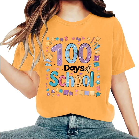 Youyipin Womens Tops 100 Days Of School Shirt For Women Teacher Graphic T-Shirt Happy 100Th Day Of School Gift Round Neck Short Sleeve Tee Tops Spring Tops For Women