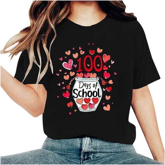Youyipin Womens Tops 100 Days Of School Shirt For Women Teacher Graphic T-Shirt Happy 100Th Day Of School Gift Round Neck Short Sleeve Tee Tops Spring Tops For Women