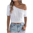 thumbnail image 1 of Youyipin Womens Tops 2025 Women Off One Shoulder Slanted Shoulder Sweater Tops Summer Short Sleeve Casual Loose Knit Tees Blouse Trendy Going Out Tops Spring Outfits, 1 of 7