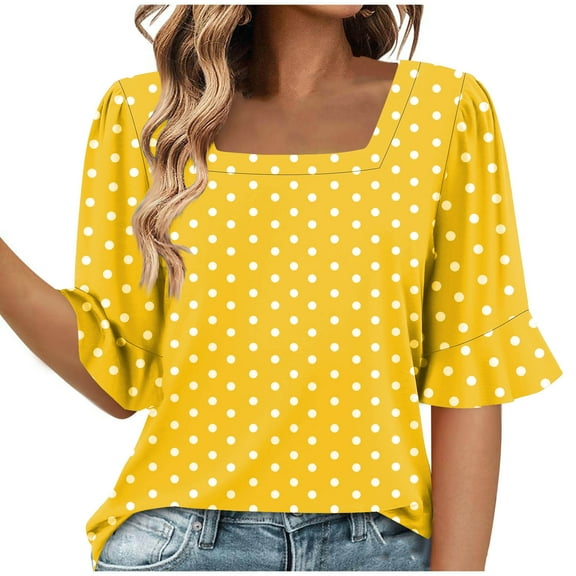 Youyipin Womens Tops 3/4 Sleeve Shirts Square Neck Bell Tops Business Casual Loose Tunic Work Dressy Blouses Summer Tops For Women