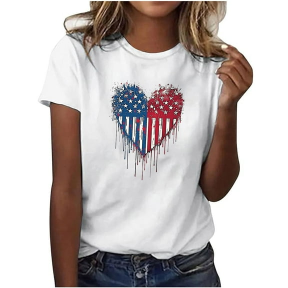 Youyipin Womens Tops American Flag Heart Shirt Women Patriotic T-Shirt 4Th Of July Graphic Tees Shirts Usa Flag Star Stripe Summer Tops For Women