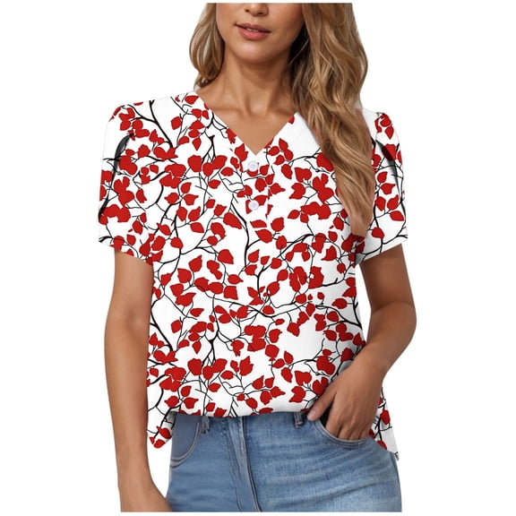 Youyipin Womens Tops Casual V Neck Floral Print Smocked Short Sleeve Chiffon Blouses Bohemian Summer Tops For Women