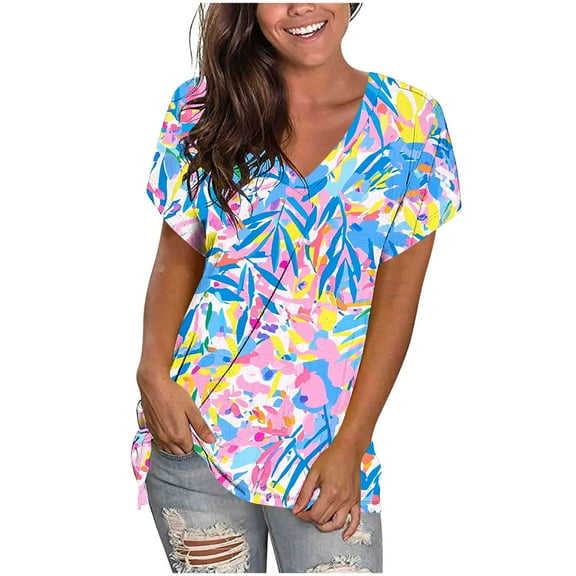 Youyipin Womens Tops Chiffon Blouses Dressy Casual Tops Summer Tunics V Neck Business Short Sleeve Shirts for Women