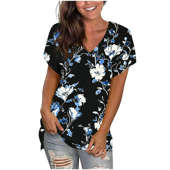 Youyipin Womens Tops Chiffon Blouses Dressy Casual Tops Summer Tunics V Neck Business Short Sleeve Shirts for Women