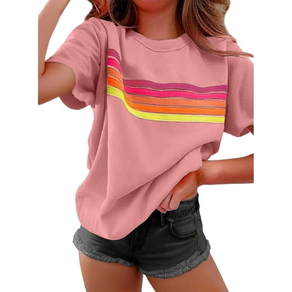 Youyipin Womens Tops Color Block Summer Tops For Women Rainbow Striped Shirt Short Sleeve Casual Shirts Business Casual Dressy Blouse Spring Tops For Women