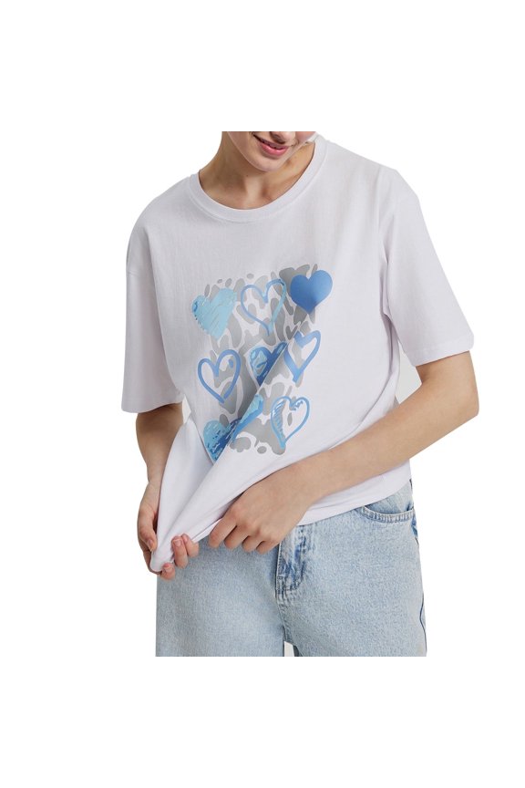 Womens Tops Cotton Love Heart Versatile Print Back-Wrapped Bollar Loose Summer Round Neck Top Shirt Short Sleeve Shirts For Women