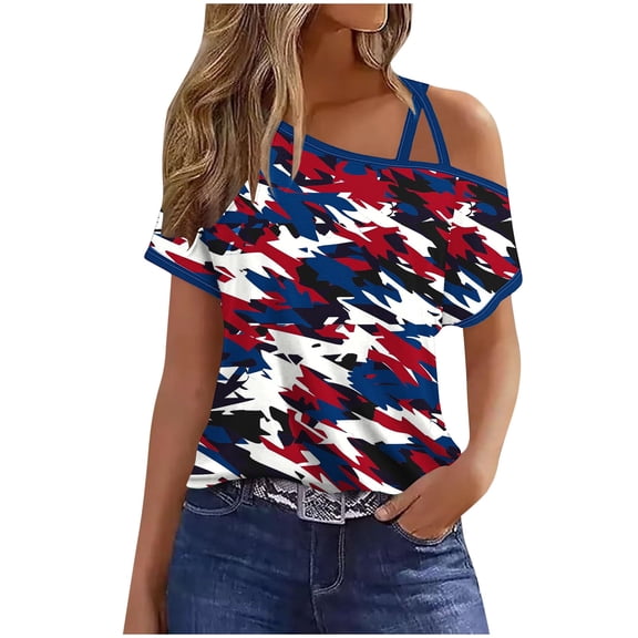 Youyipin Womens Tops Criss-Cross One Shoulder Tops Sexy Cold Shoulder Shirts Short Sleeve T-Shirts Vacation Loose Casual Tees Summer Tops For Women