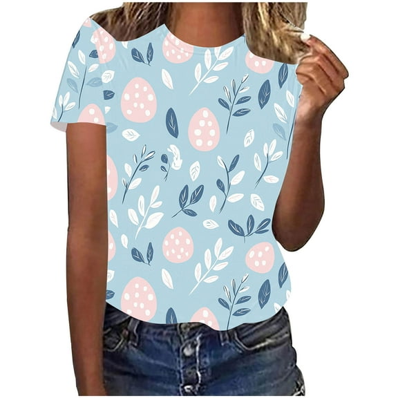 Youyipin Womens Tops Easter Eggs Print Womens Summer Tops Short Sleeve Shirts Casual Round Neck T Shirt Loose And Comfortable Graphic Tees For Women