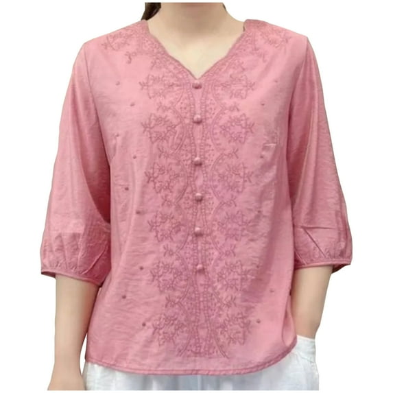 Youyipin Womens Tops Floral Embroidered Tops Women Cotton Linen Shirts Boho Ethnic Style Peasant Tee 3/4 Sleeve V Neck Button Tunic T Shirt White Blouse For Women