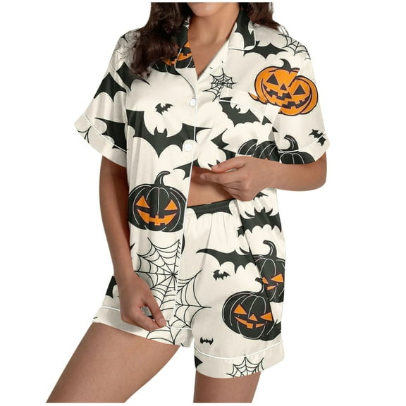 Youyipin Womens Tops Halloween Pajama Sets 2 Pieces Pj Set With 3 Pockets Soft Woven Short Sleeve Sleepwear Loungewear Summer Tops For Women