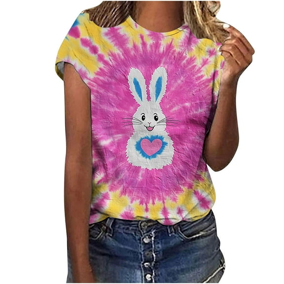 Youyipin Womens Tops Happy Easter Shirt Women Bunny Graphic Shirt Easter Funny Rabbit Round Neck Short Sleeve Tops Spring Tops For Women