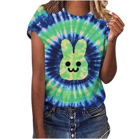 Youyipin Womens Tops Happy Easter Shirt Women Bunny Graphic Shirt Easter Funny Rabbit Round Neck Short Sleeve Tops Spring Tops For Women