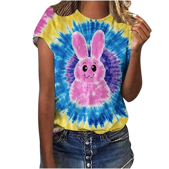 Youyipin Womens Tops Happy Easter Shirt Women Bunny Graphic Shirt Easter Funny Rabbit Round Neck Short Sleeve Tops Spring Tops For Women