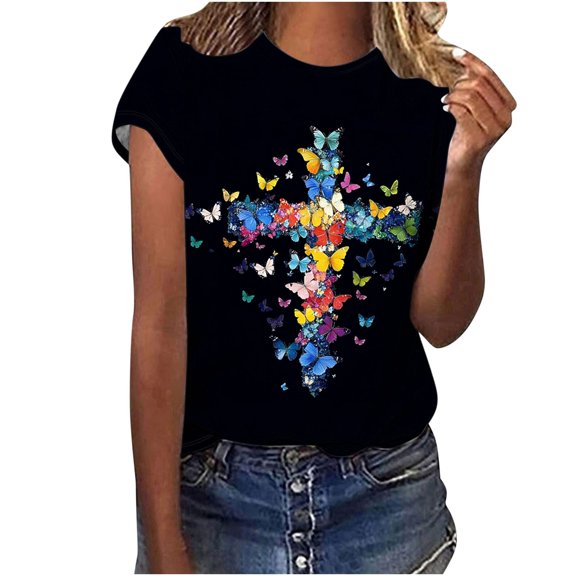 Youyipin Womens Tops Happy Easter Shirts For Women Easter Bunny T-Shirt Rabbit Graphic Tees Easter Egg Round Neck Short Sleeve Holiday Shirt Tops Spring Outfits For Women 2025