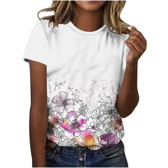 Youyipin Womens Tops Hawaiian T-Shirt Flower Print Short Sleeve Shirts For Women Novelty Crewneck Tee Graphic Tees For Women