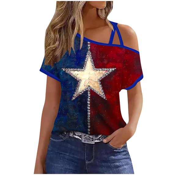 Youyipin Womens Tops Ladies' Independence Day Printed Off Shoulder Short Sleeved Top Shoulder Short Sleeve Shirts For Women