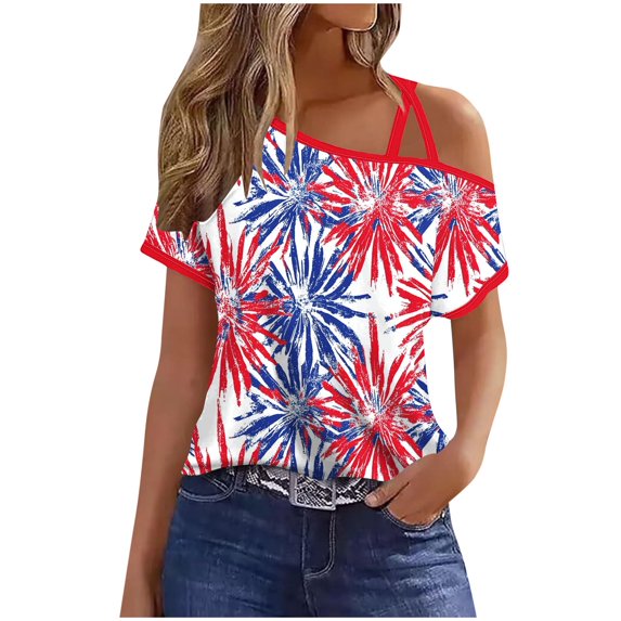 Youyipin Womens Tops Ladies' Independence Day Printed Off Shoulder Short Sleeved Top Shoulder Short Sleeve Shirts For Women