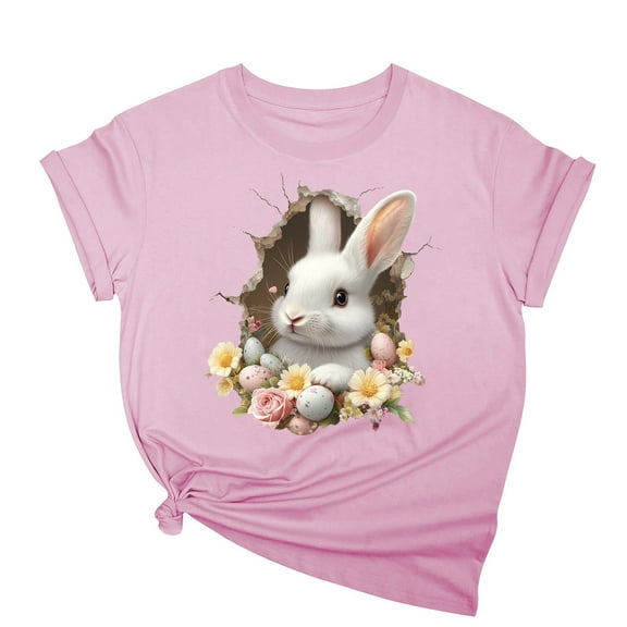 Youyipin Womens Tops Leopard Easter Bunny Graphic Shirt Chillin' With My Peeps Easter Round Neck T-Shirt Gift For Easter Day Tee Short Sleeve Shirts For Women