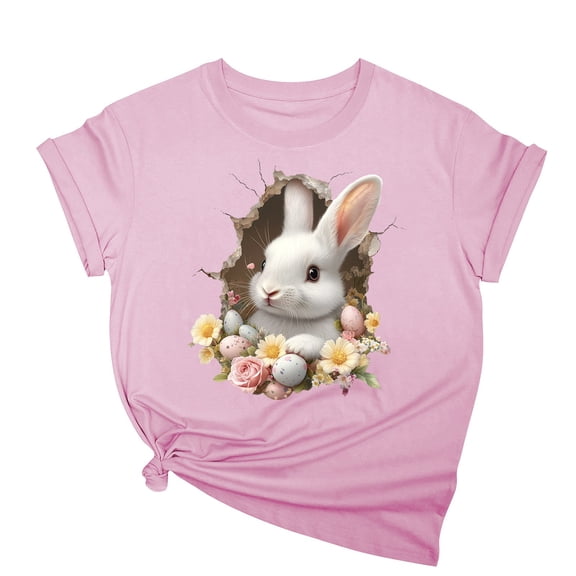 Youyipin Womens Tops Leopard Easter Bunny Graphic Shirt Chillin' With My Peeps Easter Round Neck T-Shirt Gift For Easter Day Tee Short Sleeve Shirts For Women